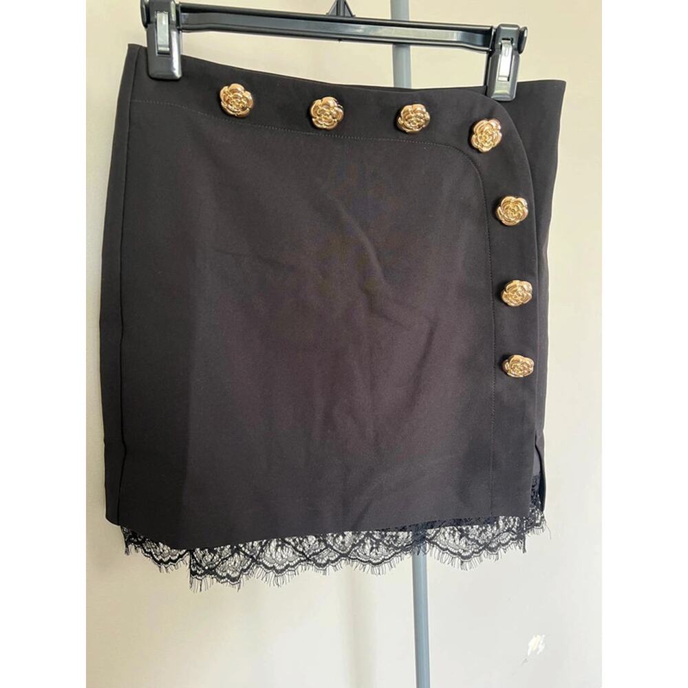 Black Mini Skirt with Gold Rose Buttons and Lace Trim size Small